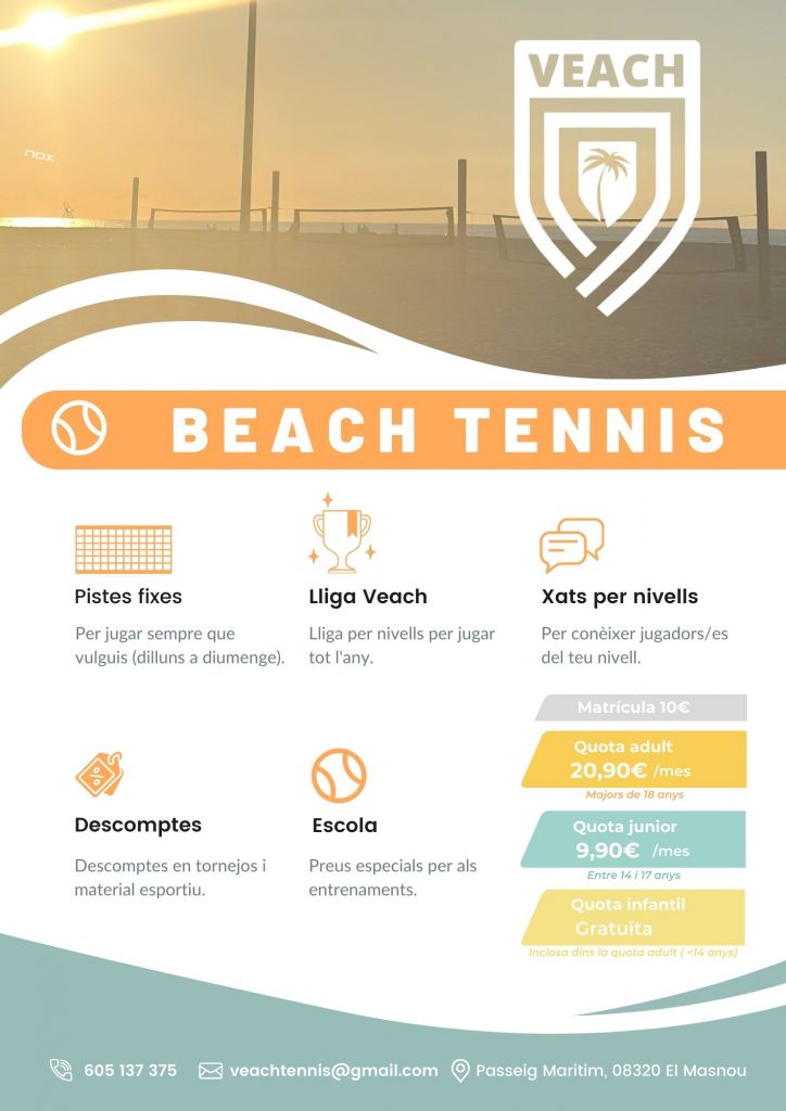 flyer informatiu del club de Veach a beach tennis El Masnou 